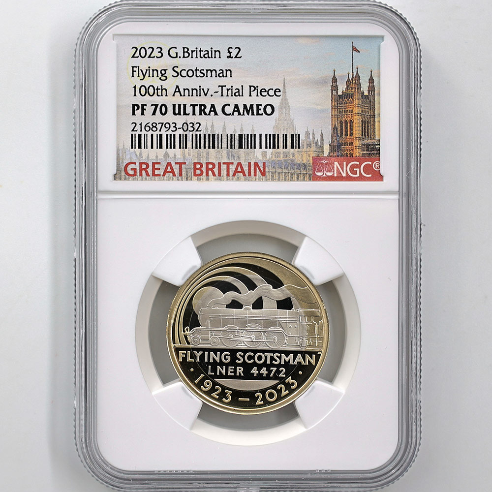 2023 Great Britain Flying Scotsman 100th Anniversary 2 Pounds 12 Grams Gilt Copper-Nickel Proof Coin NGC PF 70 UC Trial Piece