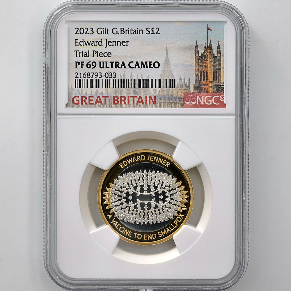 2023 Great Britain Edward Jenner 2 Pounds 12 Grams Gilt Silver Proof Coin NGC PF 69 UC Trial Piece