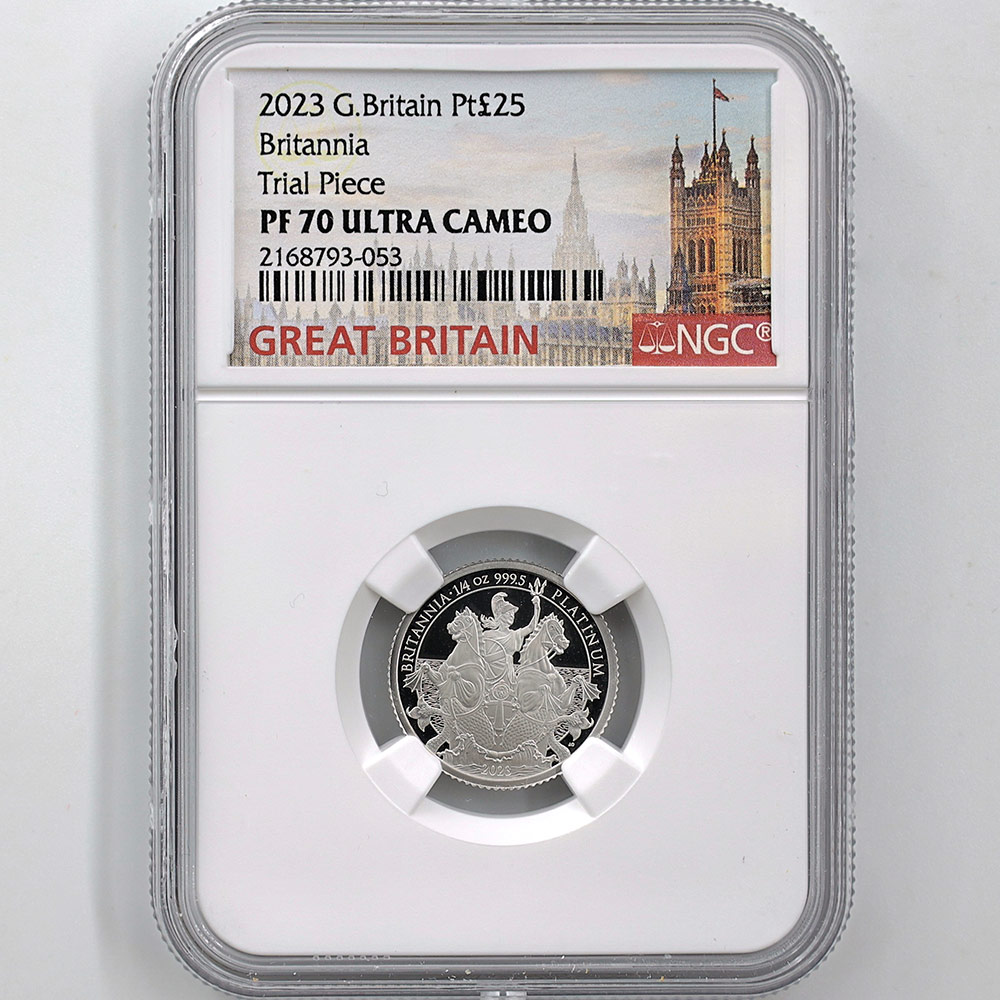 2023 Great Britain Britannia 25 Pounds 1/4 oz Platinum Proof Coin NGC PF 70 UC Trial Piece