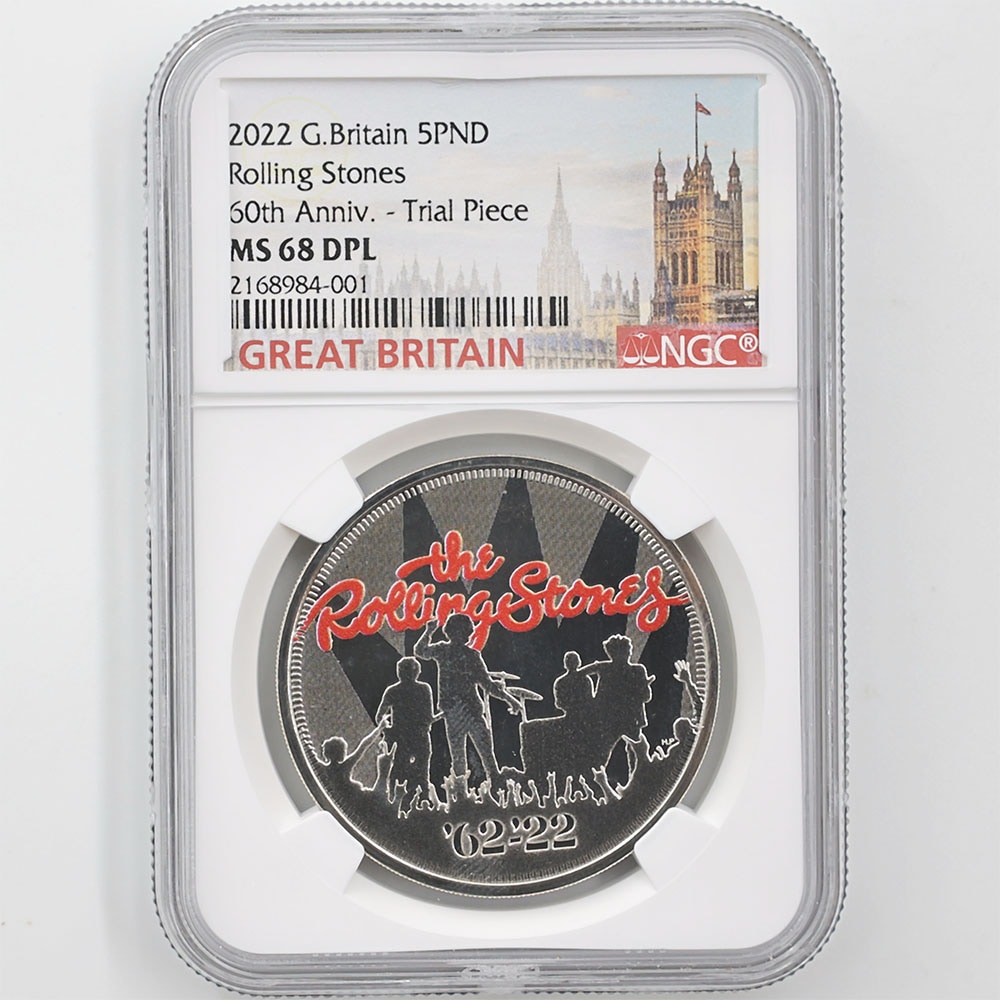 2022 Great Britain Rolling Stones 60th Anniversary 5 Pounds 28.28 Grams Colorized Copper-Nickel Coin NGC MS 68 DPL Trial Piece