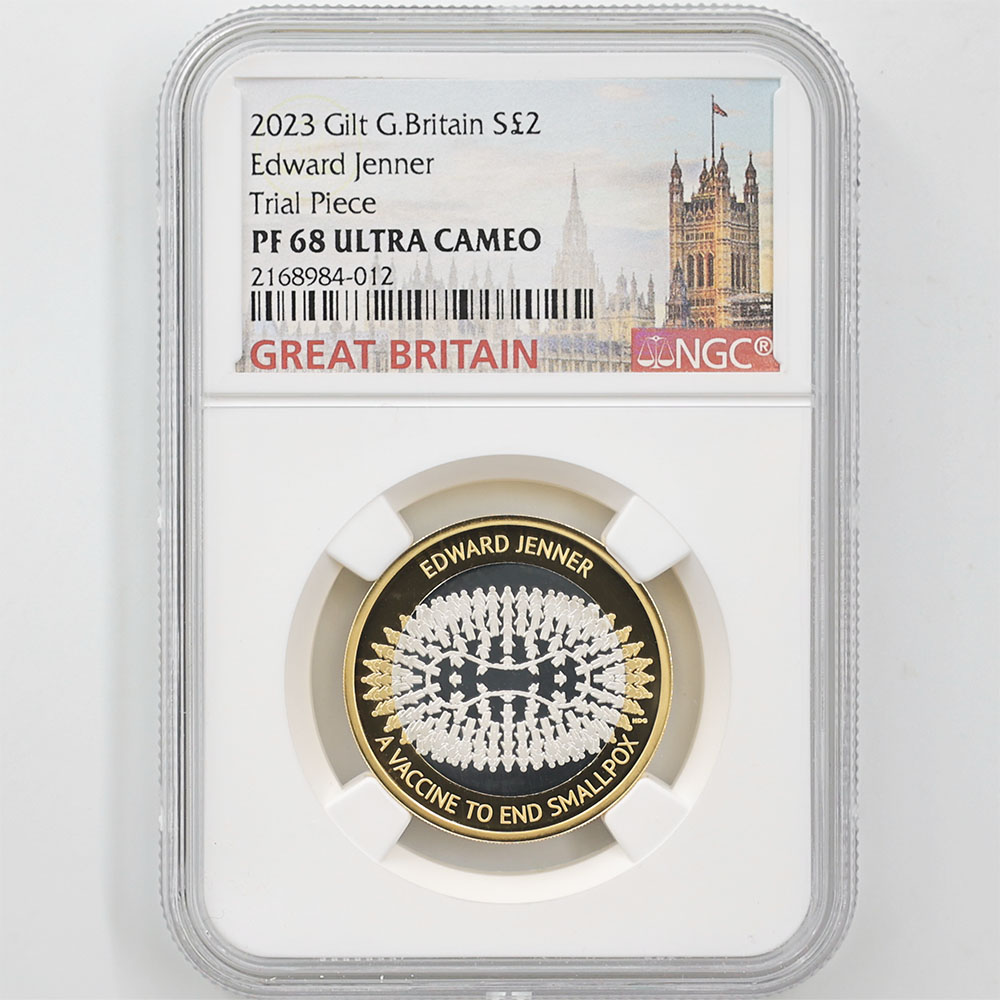 2023 Great Britain Edward Jenner 2 Pounds 12 Grams Gilt Silver Proof Coin NGC PF 68 UC Trial Piece