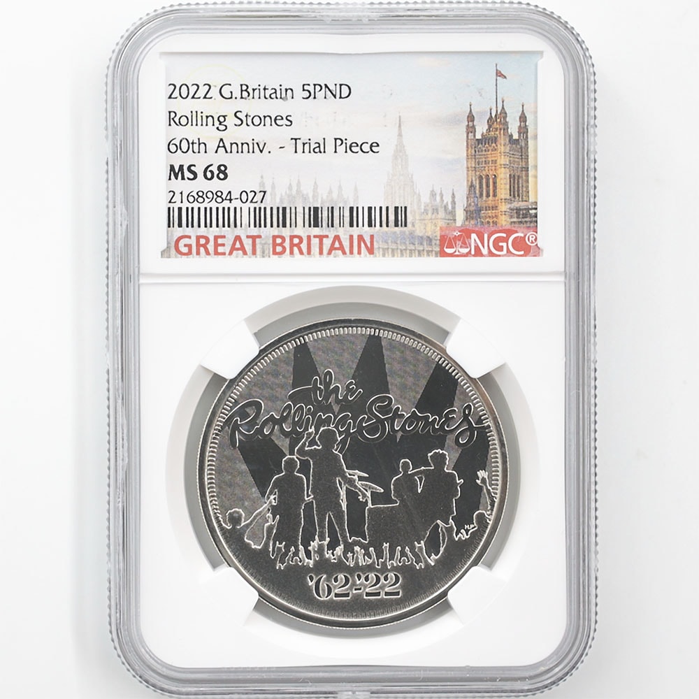 2022 Great Britain Rolling Stones 60th Anniversary 5 Pounds 28.28 Grams Copper-Nickel Coin NGC MS 68 Trial Piece