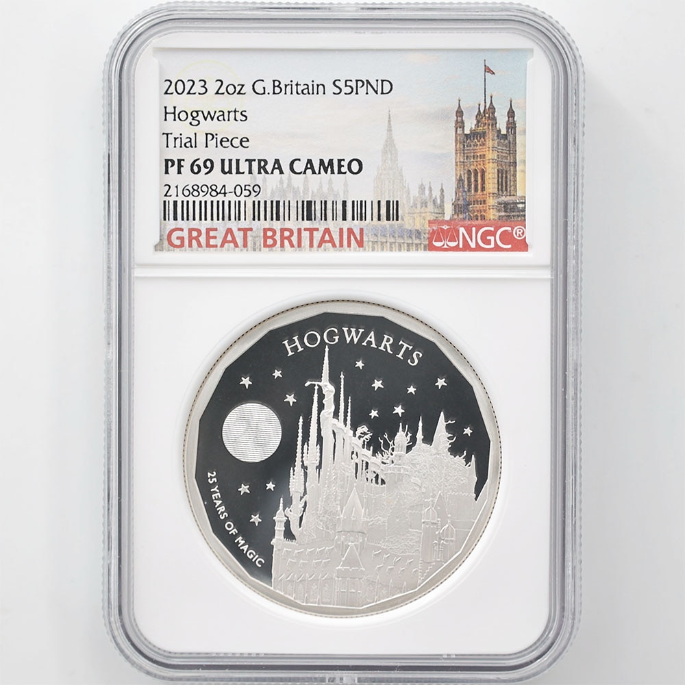 2023 Great Britain 25th Anniversary of Harry Potter's Issue Hogwarts 5 Pounds 2oz Silver Proof Coin NGC PF 69 UC Trial Piece