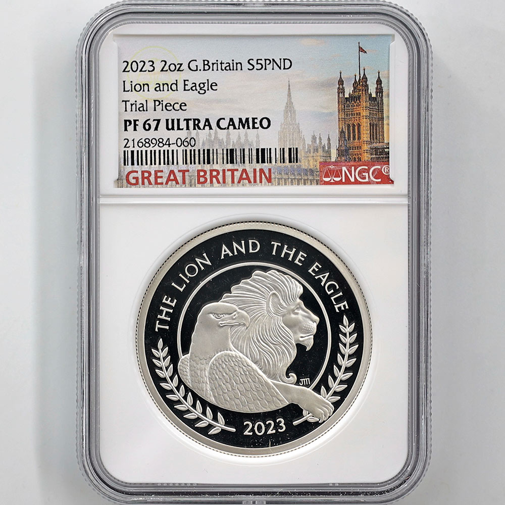 2023 Great Britain Charless III Lion and Eagle 5 Pounds 2 oz Silver Proof Coin NGC PF 67 UC Trial Piece
