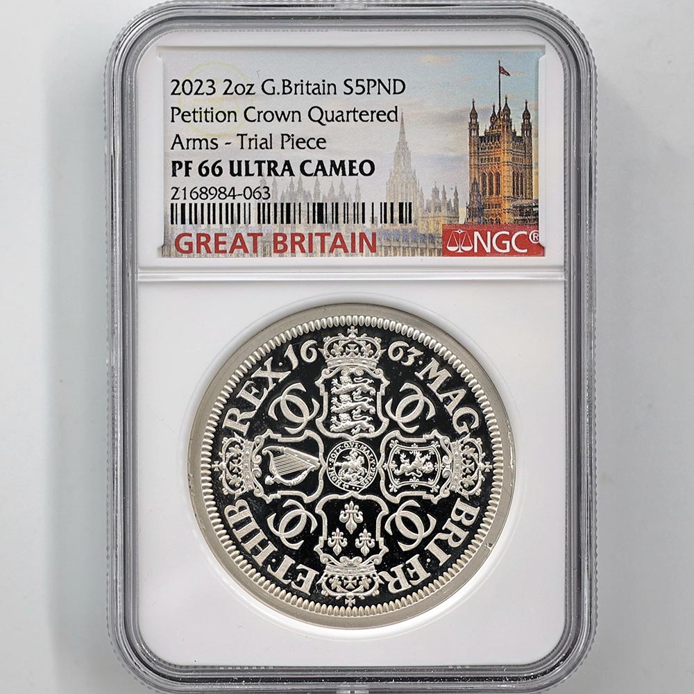 2023 Great Britain Petition Crown Quartered Arms 5 Pounds 2 oz Silver Proof Coin NGC PF 66 UC Trial Piece