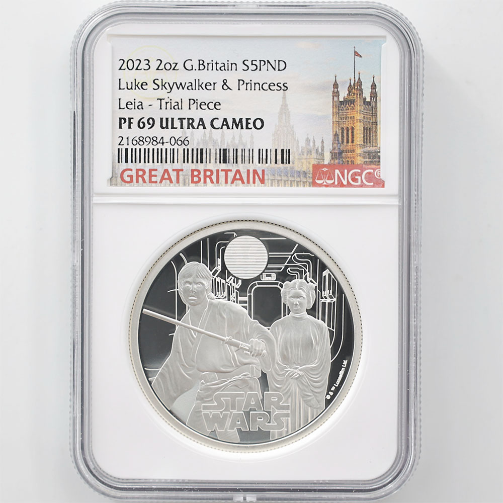 2023 Great Britain Luke Skywalker and Princess Leia 5 Pounds 2oz Silver Proof Coin NGC PF 69 UC Trial Piece