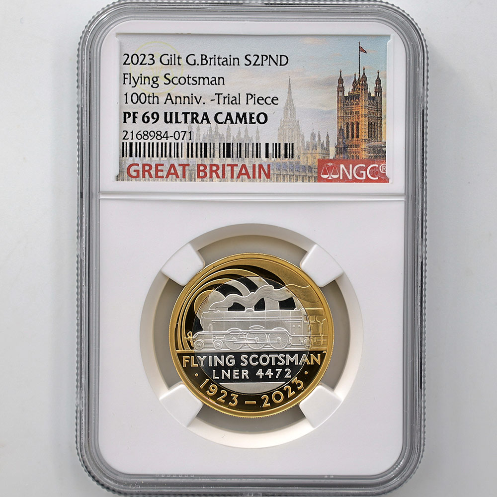 2023 Great Britain Flying Scotsman 100th Anniversary 2 Pounds 24 Grams Gilt Piedfort Silver Proof Coin NGC PF 69 UC Trial Piece
