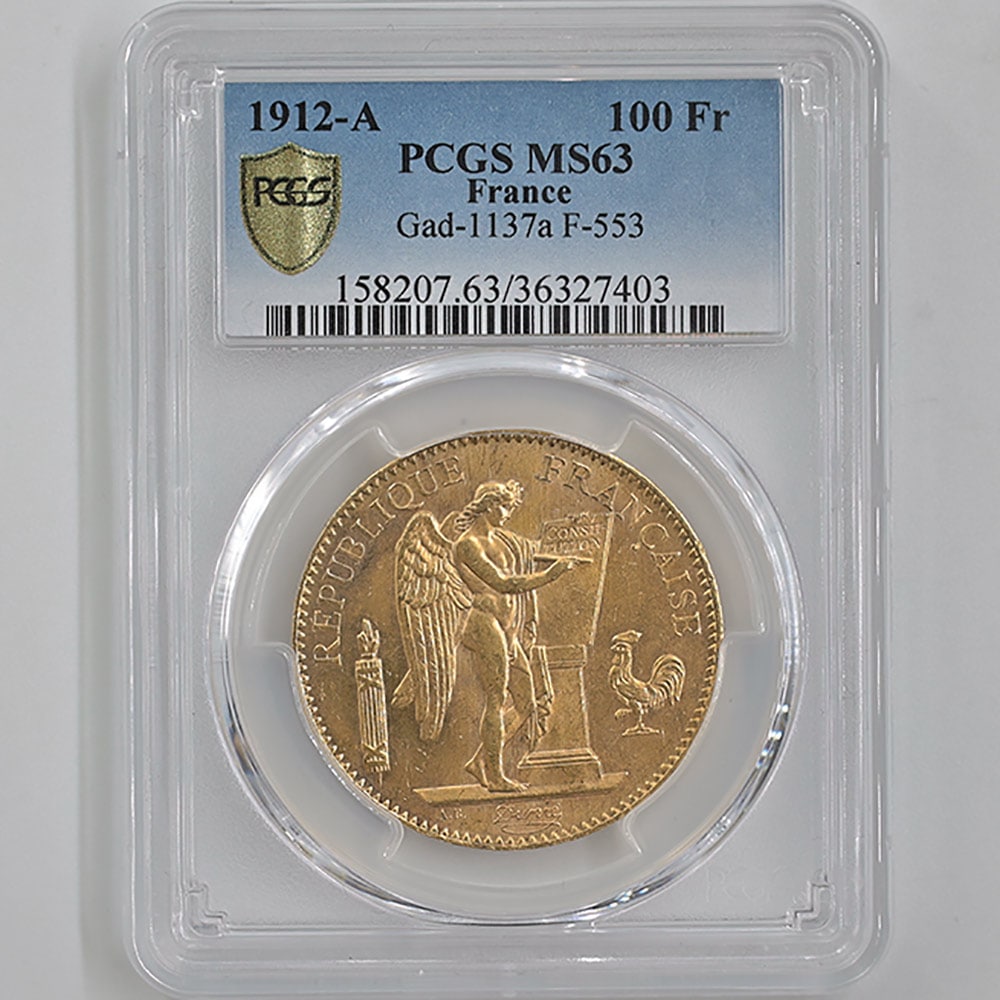 1912 France Angel 100 Francs 32.26 Grams Gold Coin PCGS MS 63