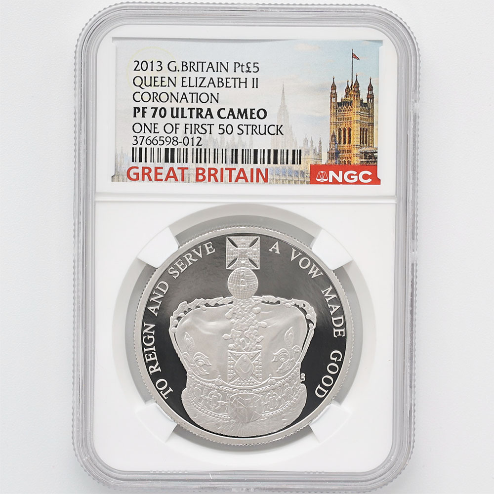 2013 Great Britain 60th Anniversary of Elizabeth II's Coronation 5 Pounds 94.2 Grams Platinum Proof Coin NGC PF 70 UC One Of First 50 Struck