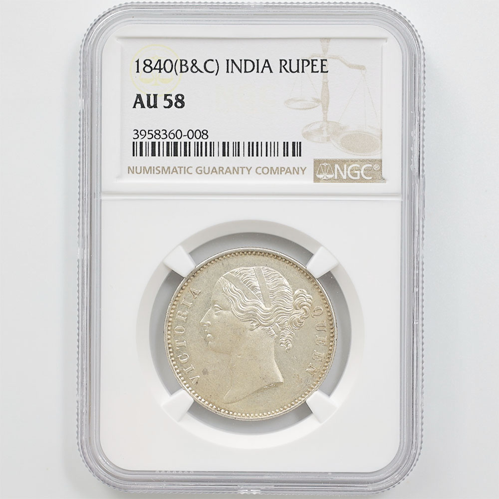 1840 India Victoria 1 Rupee 11.66 Grams Silver Proof Coin NGC AU 58