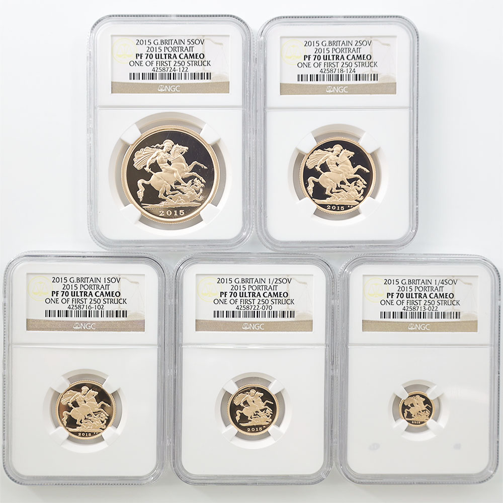 2015 Great Britain Queen Elizabeth II 5th Portrait Version Sovereign Gold Proof Coin Full Set NGC PF 70 UC ONE OF FIRST 250 STRUCK