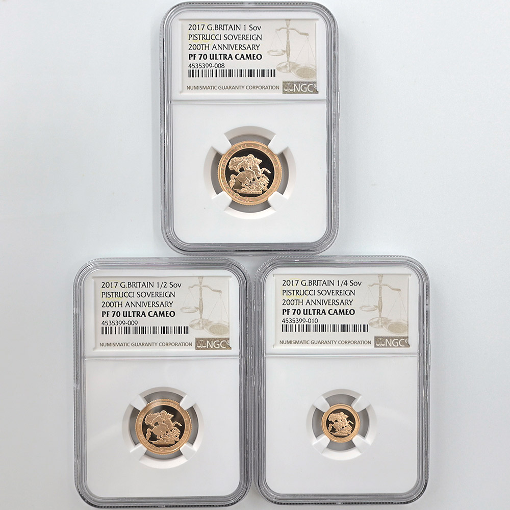 2017 Great Britain Queen Elizabeth II Pistrucci Sovereign 200th Anniversary Gold 3-Coin Proof Set NGC PF 70 UC