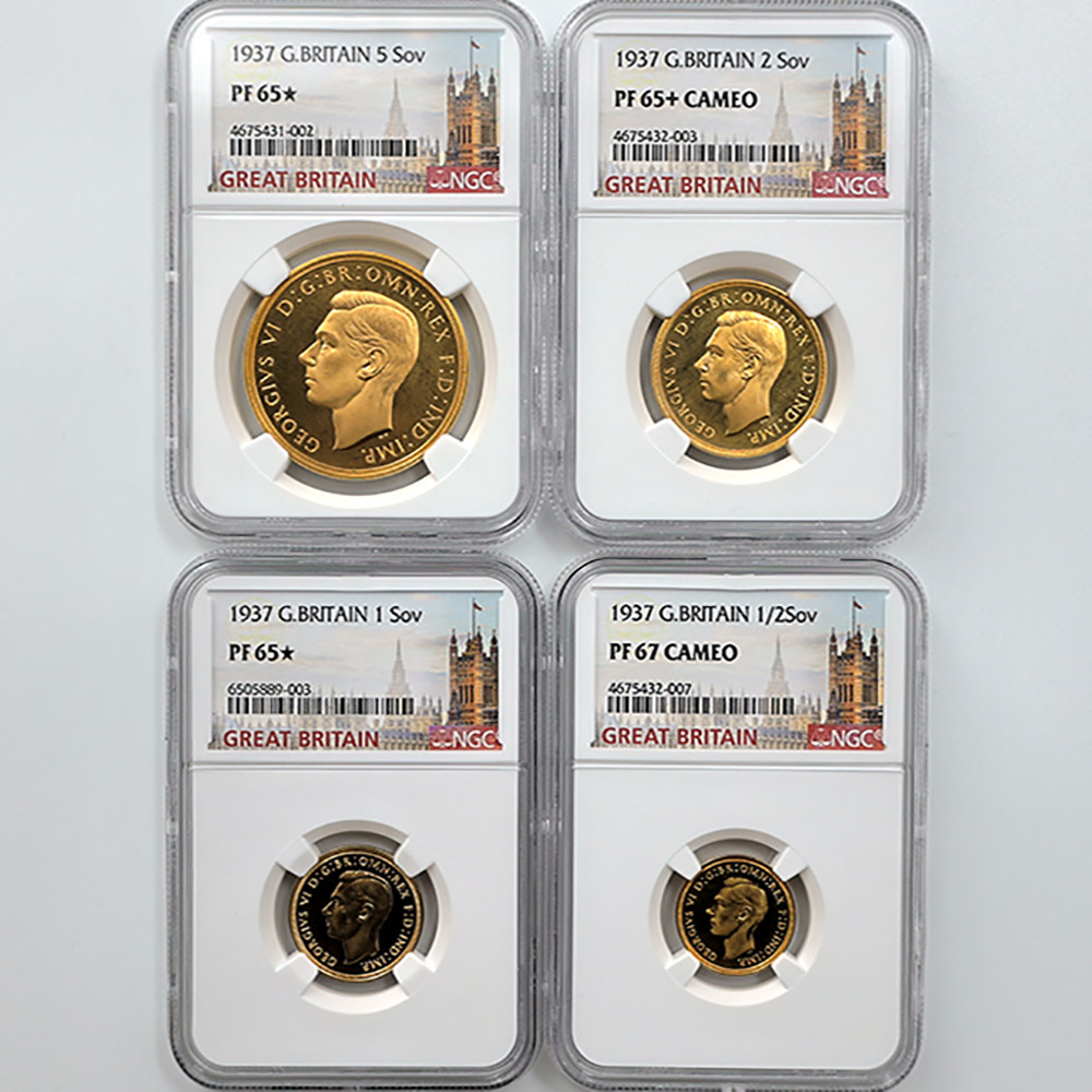 1937 Great Britain George VI Sovereign 5 Pounds 2 Pounds 1 Pound 1/2 Pound Gold 4-Coin Proof Set NGC PF 65~67