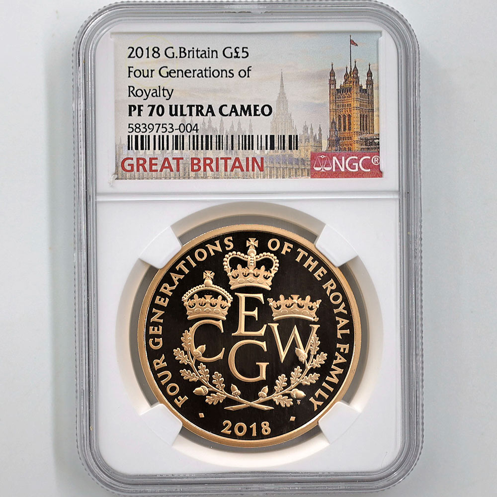 2018 Great Britain Queen Elizabeth Ⅱ Four Generations of Royalty 5 Pounds 39.94 Grams Gold Proof Coin NGC PF 70 UC