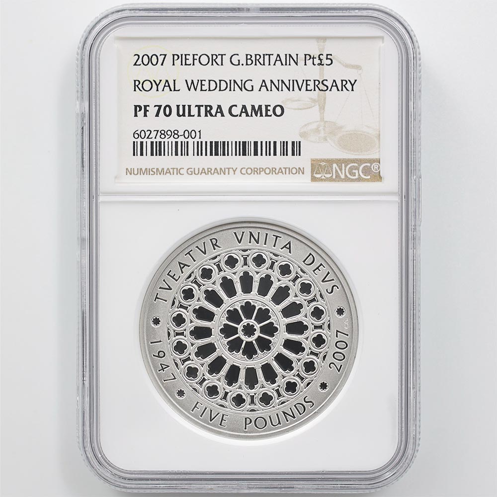 2007 Great Britain Queen Elizabeth II  Royal Wedding Anniversary 5Pounds 94.20Grams Platinum Proof Coin NGC PF 70 UC