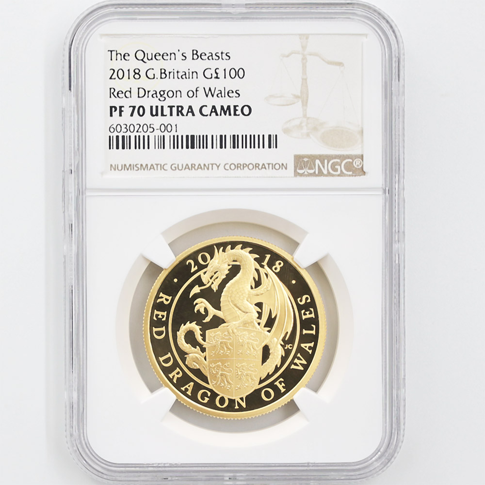 2018 Great Britain Heraldic Beasts Collection Red Dragon of Wales 100 Pound 1 oz Gold Proof Coin Proof NGC PF 70 UC