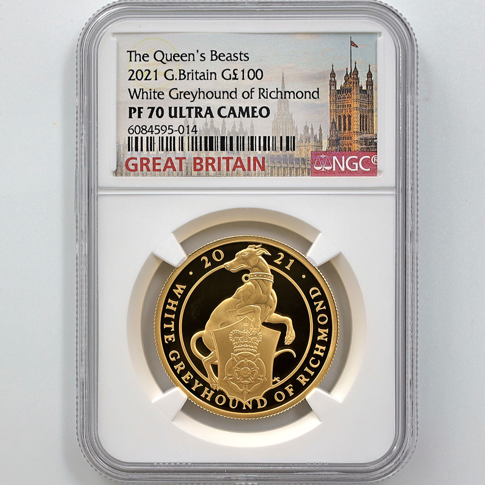 2021 Great Britain The Queen's Beasts White Greyhound of Richmond 100 Pounds 1 oz Gold Proof Coin NGC PF 70 UC