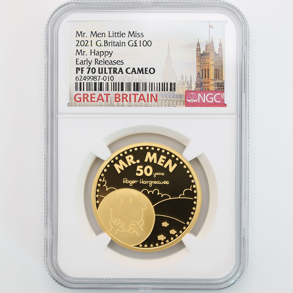 2021 Great Britain 50th Anniversary of Mr. Men Little Miss Mr. Happy 100Pounds 1oz Gold Proof Coin NGC PF 70 UC ER