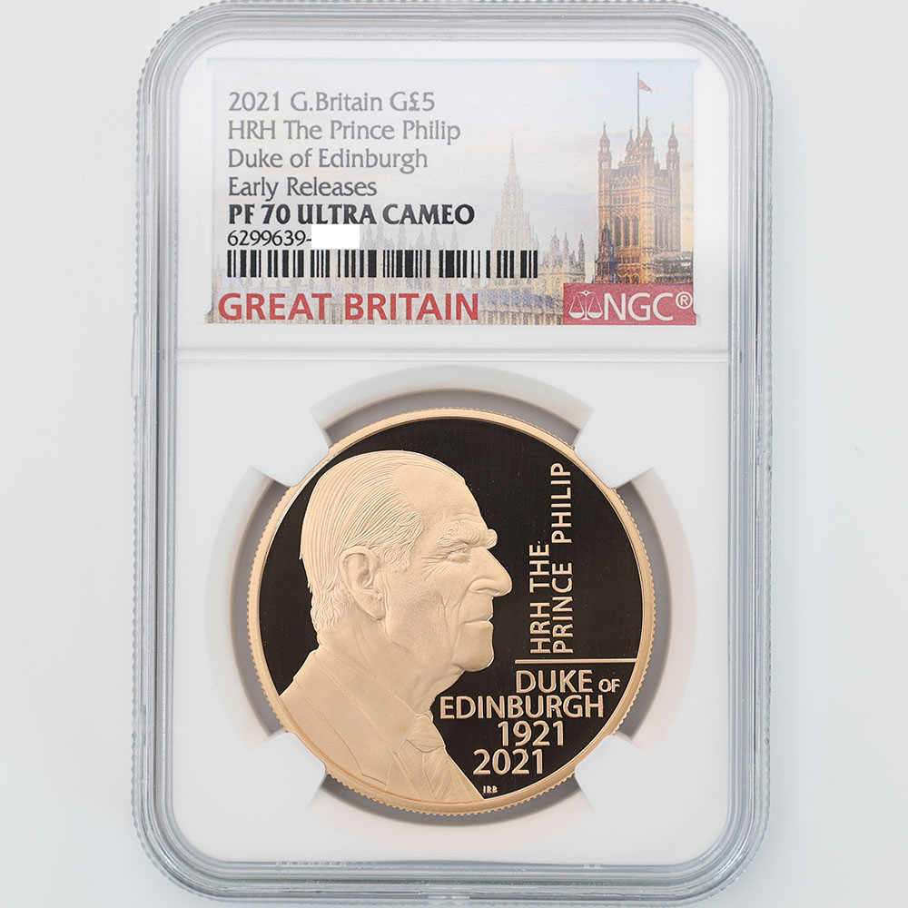2021 Great Britain HRH The Prince Philip Duke of Edinburgh 5 Pounds 39.94 Grams Gold Proof Coin NGC PF 70 UC ER
