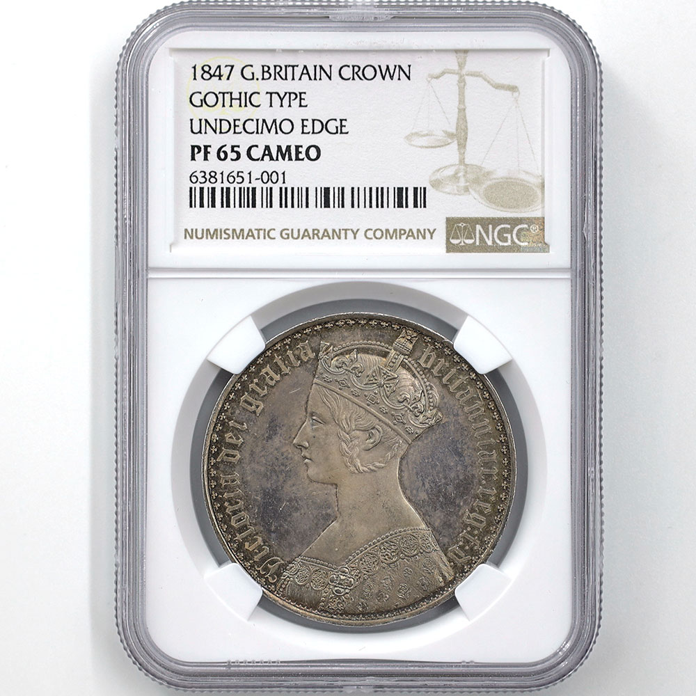 1847 Great Britain Queen Victoria Gothic Crown 1 Crown 28.28 Grams Silver Proof Coin NGC PF 65 CAMEO UNDECIMO EDGE