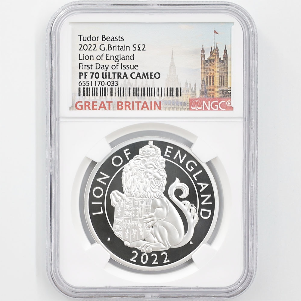 2022 Great Britain Tudor Beasts Lion of England 2 Pounds 1oz Silver Proof Coin NGC PF 70 UC First Day of Issue