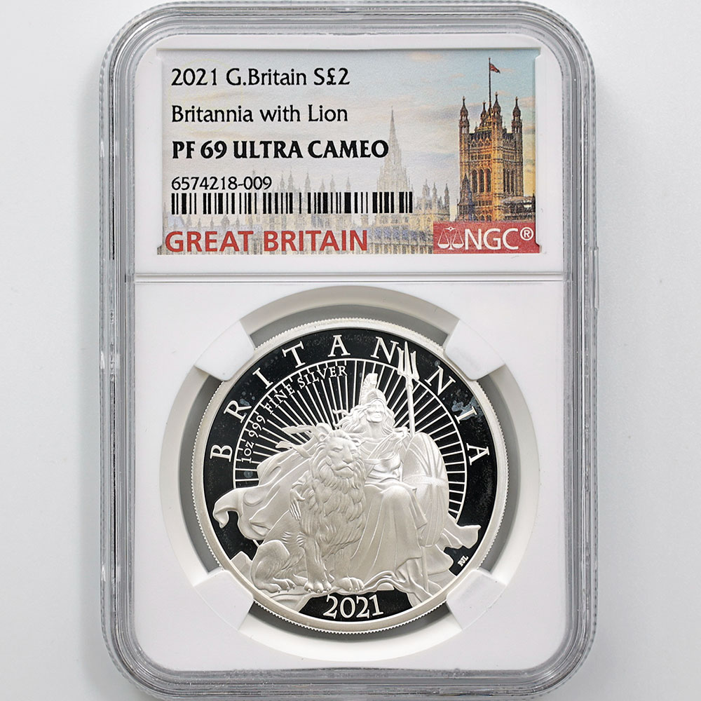 2021 Great Britain Britannia with Lion 2 Pounds 1 oz Silver Proof Coins NGC PF 69 UC 
