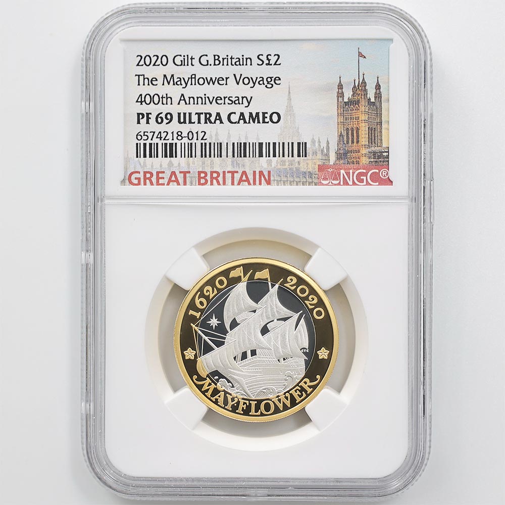 2020 Great Britain The Mayflower Voyage 400th Anniversary 2 Pounds 24 Grams Gilt Silver Poof Coin NGC PF 69 UC
