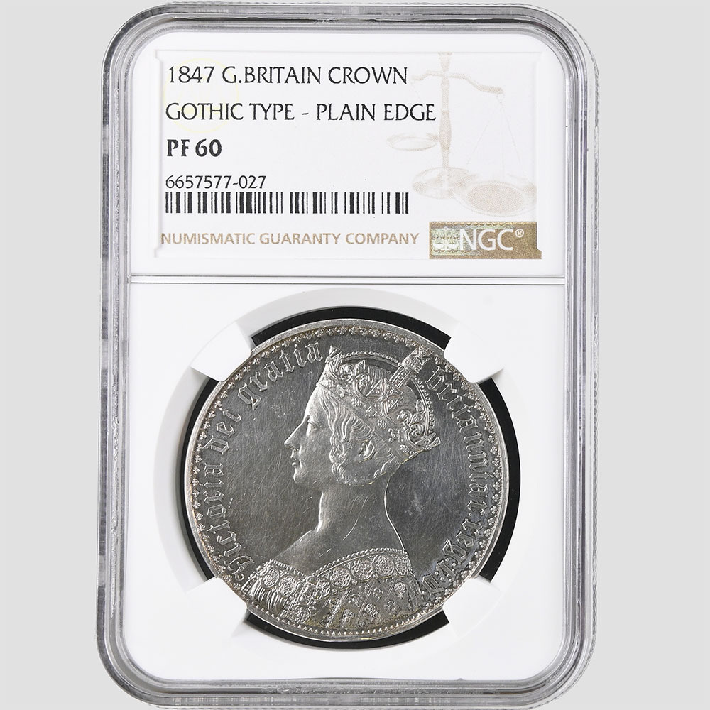 1847 Great Britain Queen Victoria Gothic Crown 1 Crown 28.28 Grams Silver Proof Coin NGC PF 60 PLAIN EDGE