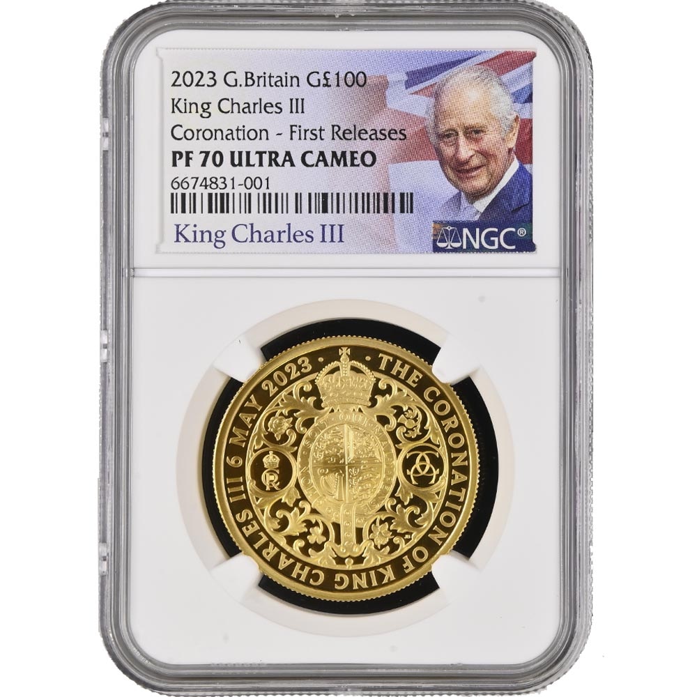 2023 Great Britain Charles III Coronation 100 Pounds 1 oz Gold Proof coin NGC PF 70 UC First Release