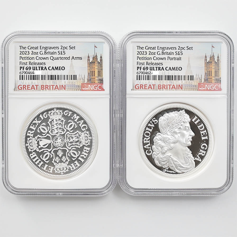 2023 Great Britain The Great Engravers Petition Crown 5 Pounds 2 oz Silver 2-Coin Proof Set NGC PF 69 UC First Releases