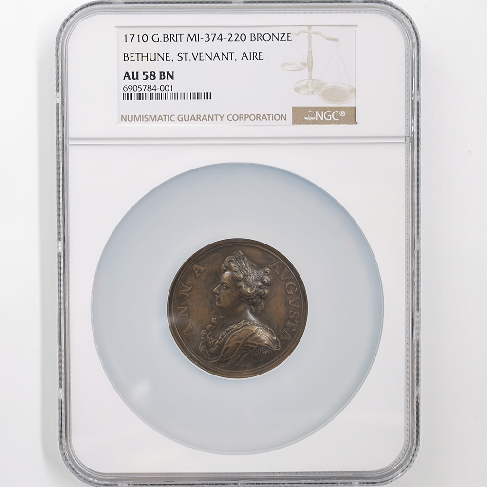 1710 Great Britain Queen Anna Bethune Bronze Coin NGC AU 58 BN