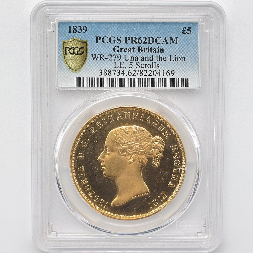 1839 Great Britain Una and Lion 5 Pounds 39.94 Grams Gold Proof Coin PCGS PR 62 DCAM
