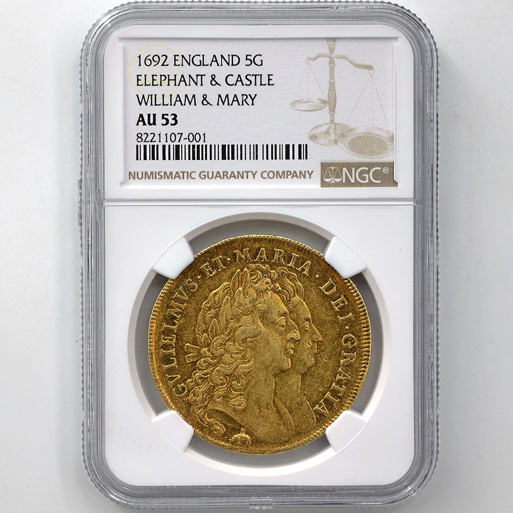 1692 Great Britain William & Mary Elephant & Castle 5 Guineas Gold Coin NGC AU 53