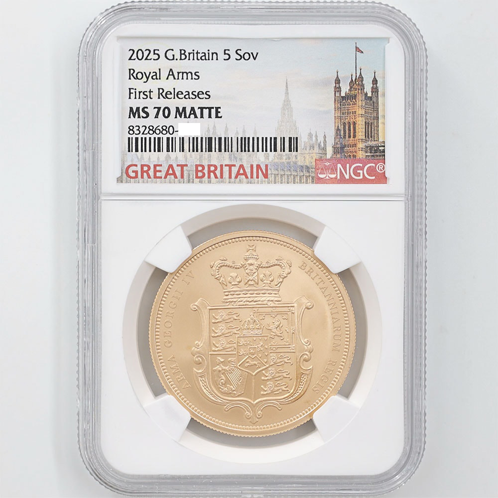 2025 Great Britain Charles III Sovereign Royal Arms 5 Pounds 39.94 Grams Gold Coin NGC MS 70 MATTE First Releases