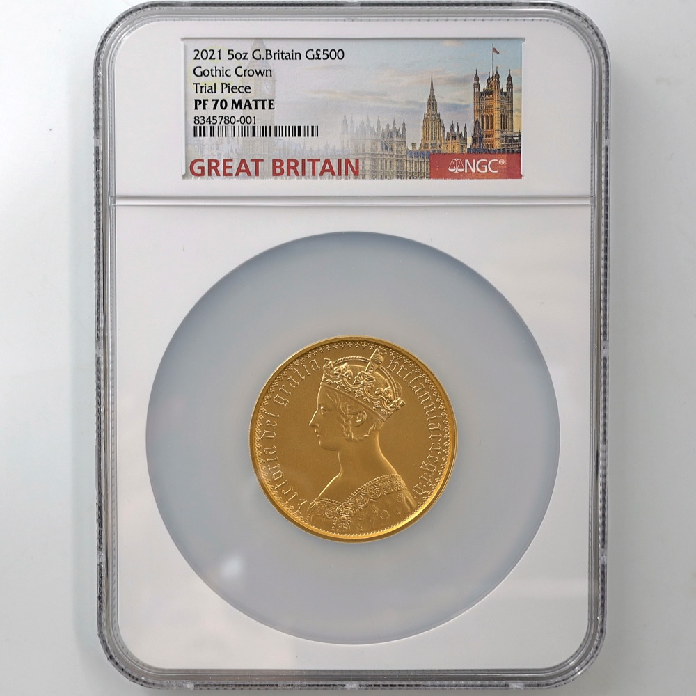 2021 Great Britain Gothic Crown 500Pounds 5oz Gold Proof Coin NGC PF 70 MATTE Trial Piece