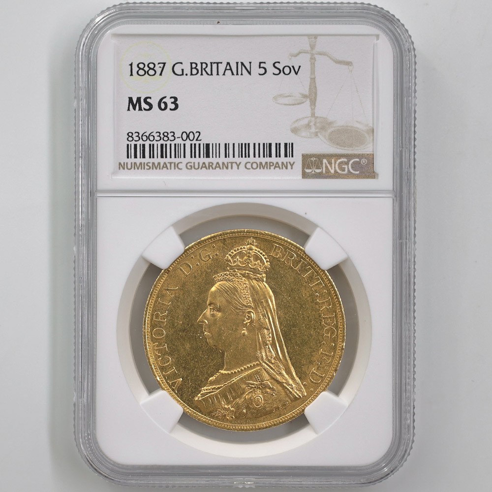 1887 Great Britain Queen Victoria 5 Pounds 39.94 Grams Gold Proof Coin NGC MS 63