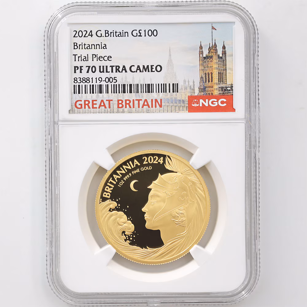 2024 Great Britain Britannia 100 Pounds 1 oz Gold Proof Coin NGC PF 70 UC Trial Piece