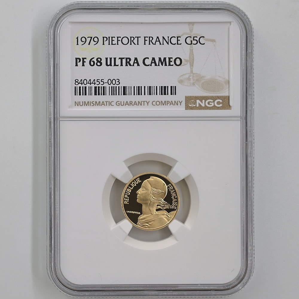 1979 France 5 Centimes 8.7 Grams Piefort Gold Proof Coin NGC PF 68 UC