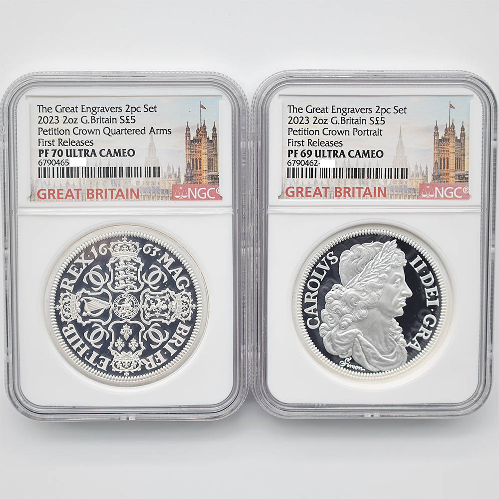 2023 Great Britain The Great Engravers Petition Crown 5 Pounds 2 oz Silver 2-Coin Proof Set NGC PF 69/70 UC First Releases