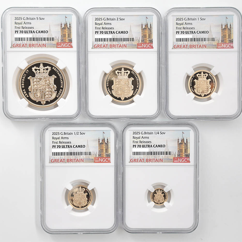 2025 Great Britain Charles III Royal Arms Gold 5-Coin Proof Set NGC PF 70 UC First Releases