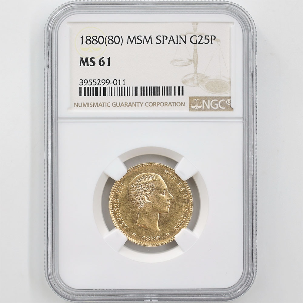1880 Spain Alfonso XII 25 Pesetas 8.06 Grams Gold Coin NGC MS 61 