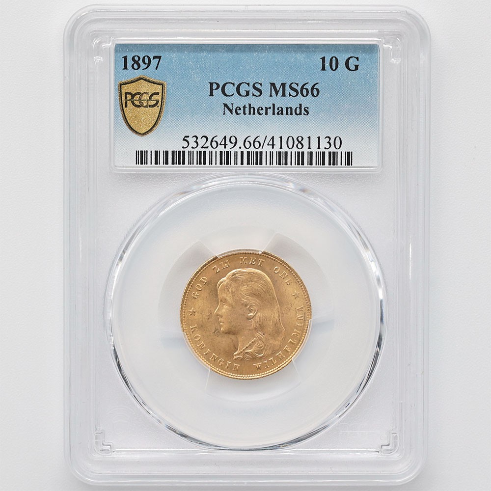 1897 Netherland Queen Wilhelmina 10 Gulden 6.72 Grams Gold Coin PCGS MS 66  