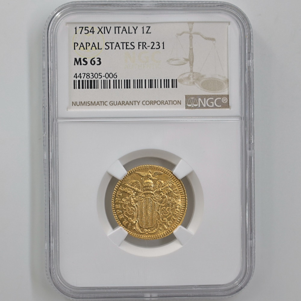 1754 Italy Papal States 1 Zecchino 3.24 Grams Gold Coin NGC MS 63