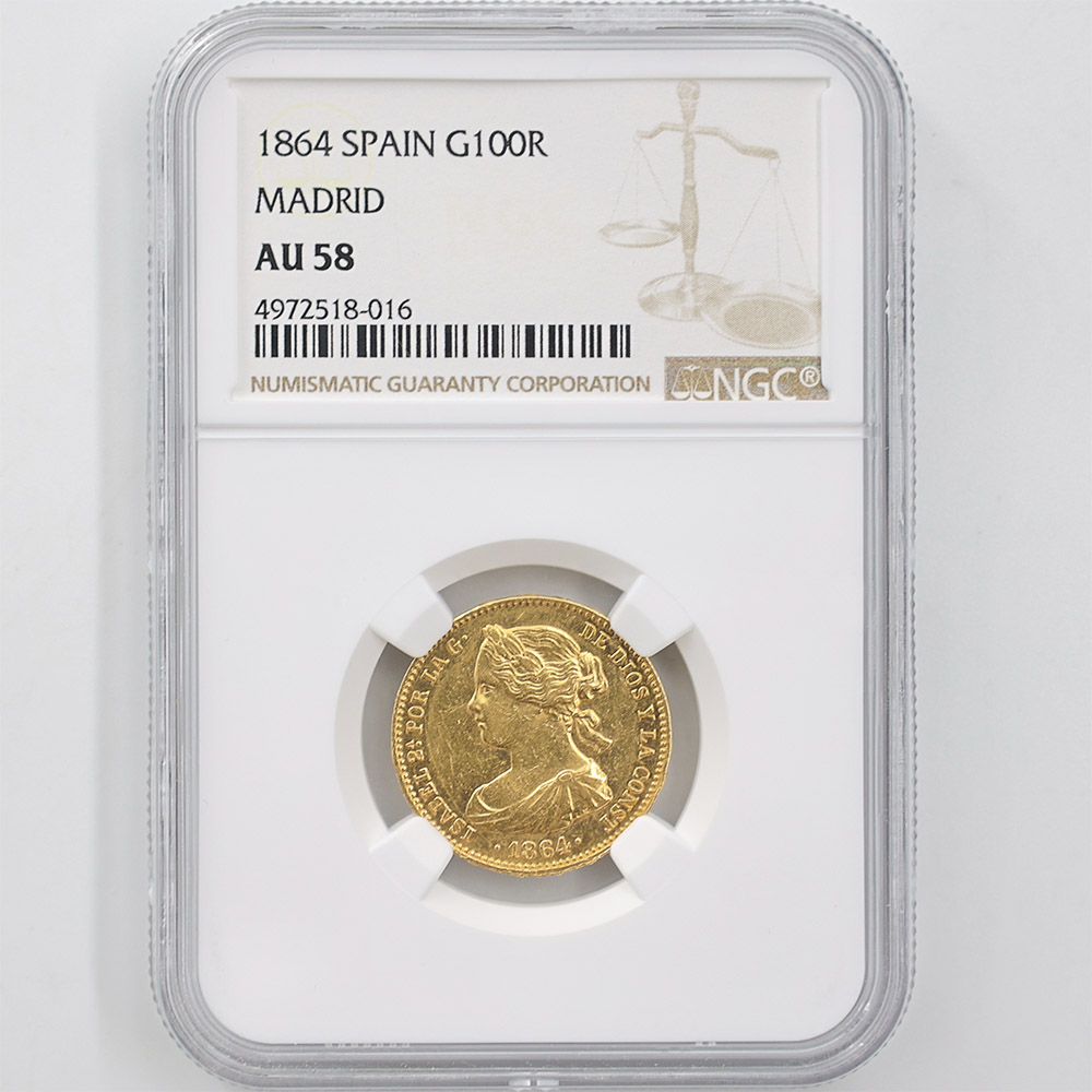 1864 Spain 100 Reales 8.30 Grams Gold Coin NGC AU 58