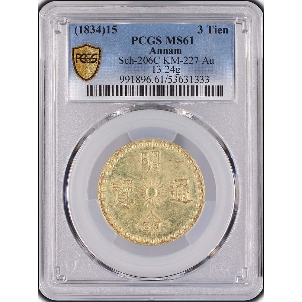 1834 Vietnam Annam 3 Tien 13.24 Grams Gold Coin PCGS MS 61