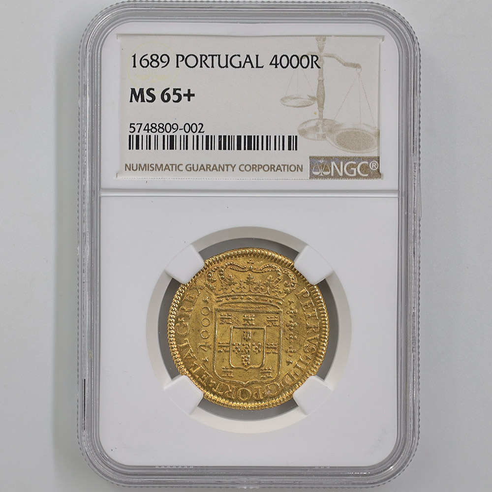 1689 Portugal Pedro II 4,000 Reis 10.76 Grams Gold Coin NGC MS 65+  