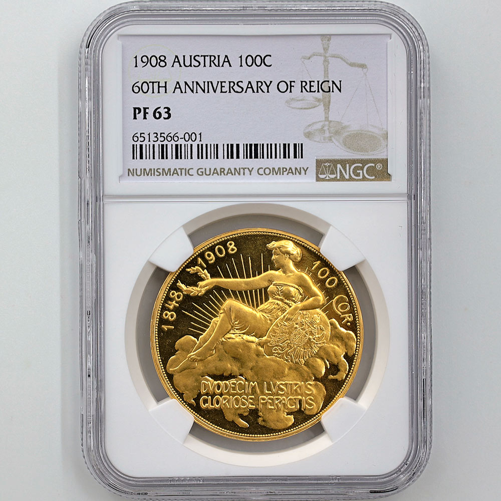 1908 Austria Goddess Above the Clouds 60th Anniversary of Franz Joseph I's Reign 100 Corona 33.88 Grams Gold Proof Coin NGC PF 63