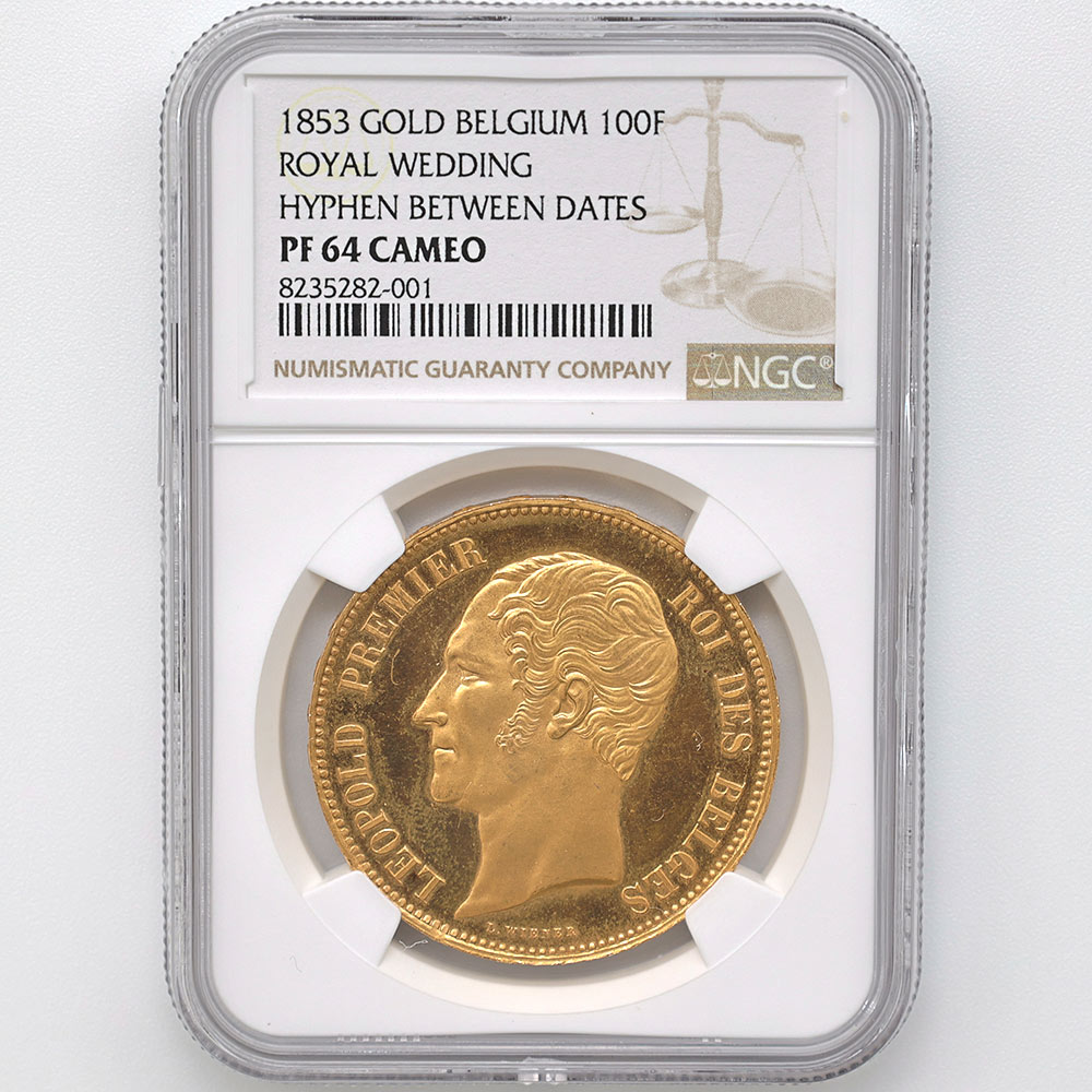 1853 Belgium Leopold I Royal Wedding Commemorative 100 Francs 31.66 Grams Gold Proof Coin NGC PF 64 CAMEO