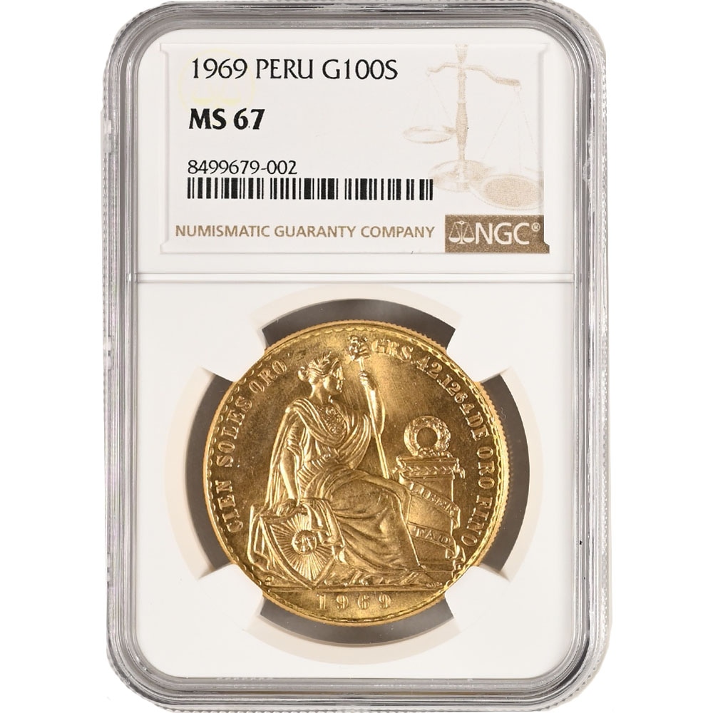 1969 Peru Seated Statue of Goddess 100 Soles 46.81 Grams Gold Coin NGC MS 67