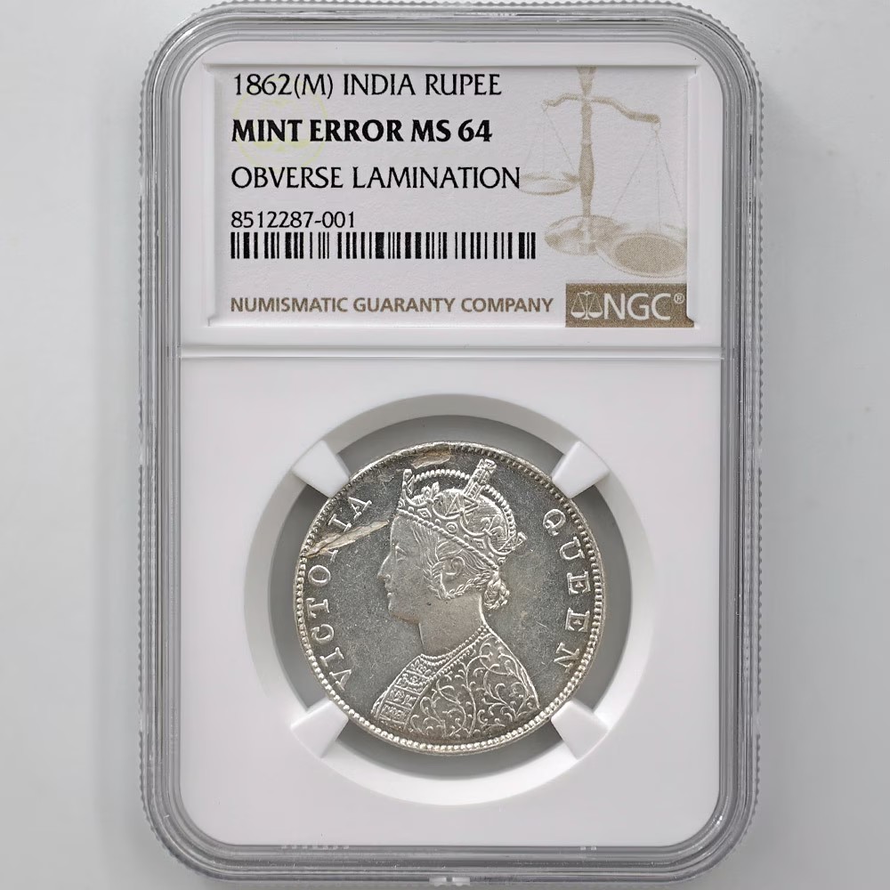 1862(M) India Queen Victoria 1 Rupee 11.66 Grams Silver Coin NGC MINT ERROR MS 64